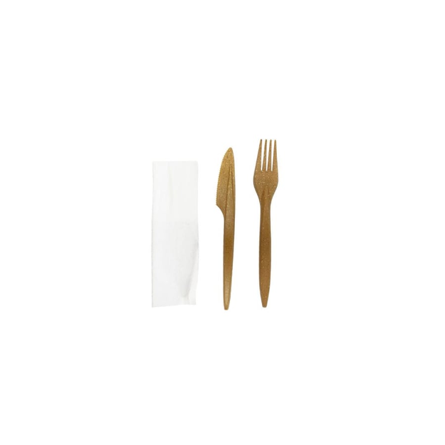 SET BIS bio, furculita,cutit fibra lemnoasa + servetel, ambalat in folie plastic 100buc/set